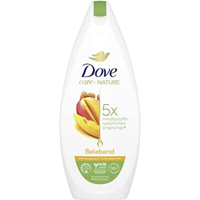 Dove Care by Nature gel de banho vigorante com manteiga de manga e extrato de amêndoa com 5 ingredientes de origem natural para uma sensação de pele macia e cuidada, 225 ml (1 unidade) Dove Care by Nature gel de banho vigorante com manteiga de manga e extrato de amêndoa com 5 ingredientes de origem natural para uma sensação de pele macia e cuidada, 225 ml (1 unidade)
