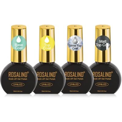 ROSALIND Base Top Coat Verniz Semipermanente, conjunto de 2 peças de 10 ml, base com purpurina brilhante fosca, verniz top coat semipermanente, pincel de unhas Soak-Off UV LED Nail Art Manucura Set ROSALIND Base Top Coat Verniz Semipermanente, conjunto de 2 peças de 10 ml, base com purpurina brilhante fosca, verniz top coat semipermanente, pincel de unhas Soak-Off UV LED Nail Art Manucura Set