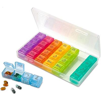 MEDca Caixa de comprimidos semanal Am/Pm de 4 compartimentos, estojo dispensador de medicamentos para viagens grandes de 7 dias, para vitaminas e medicamentos MEDca Caixa de comprimidos semanal Am/Pm de 4 compartimentos, estojo dispensador de medicamentos para viagens grandes de 7 dias, para vitaminas e medicamentos