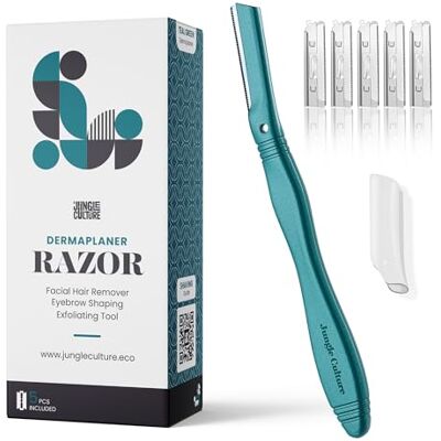 Jungle Culture Dermaplaning Razor máquina de barbear facial de metal para mulher, inclui 5 lâminas de substituição, máquina de barbear de sobrancelhas para pelos e contorno verde azul Jungle Culture Dermaplaning Razor máquina de barbear facial de metal para mulher, inclui 5 lâminas de substituição, máquina de barbear de sobrancelhas para pelos e contorno verde azul