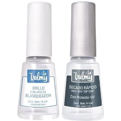 Valmy Pack tratamento branqueador e fortalecedor de unhas: Brilho com efeito branqueador Top Coat secagem rápida, esmalte protetor e endurecedor, fornece brilho e proteção, 14 ml c/u (2 unidades) Valmy Pack tratamento branqueador e fortalecedor de unhas: Brilho com efeito branqueador Top Coat secagem rápida, esmalte protetor e endurecedor, fornece brilho e proteção, 14 ml c/u (2 unidades)
