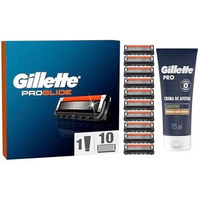 Gillette ProGlide Refil Para Homem, 10 Refils + PRO Pele Sensível Creme de Barbear 175 ml, lâminas de barbear, Máquina de barbear homem Gillette ProGlide Refil Para Homem, 10 Refils + PRO Pele Sensível Creme de Barbear 175 ml, lâminas de barbear, Máquina de barbear homem