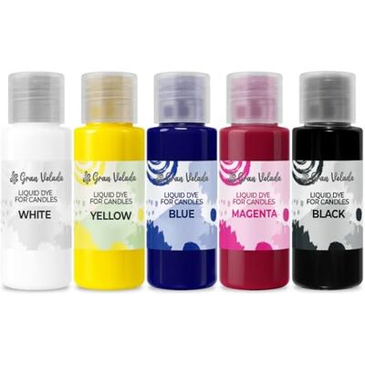 GRAN VELADA Conjunto de poupança de corantes líquidos para fazer velas de 5 x 30 ml, cores primárias magenta, preto, azul, amarelo e branco, concentrados, fáceis de usar e vibrantes para velas coloridas GRAN VELADA Conjunto de poupança de corantes líquidos para fazer velas de 5 x 30 ml, cores primárias magenta, preto, azul, amarelo e branco, concentrados, fáceis de usar e vibrantes para velas coloridas