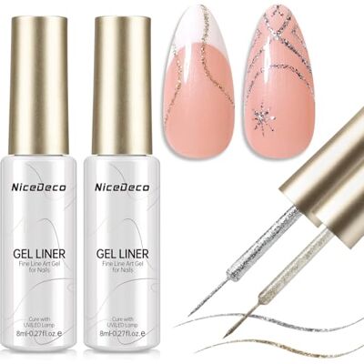 Nicedeco Esmalte Gel Liner Nail Art Metálico Ouro e Prata Linear para Unhas Soak Off UV LED Gel Polish With Pen Ideal Para Painting Drawing Lines Salão Casa DIY Manicura, 2 x 8 ml Nicedeco Esmalte Gel Liner Nail Art Metálico Ouro e Prata Linear para Unhas Soak Off UV LED Gel Polish With Pen Ideal Para Painting Drawing Lines Salão Casa DIY Manicura, 2 x 8 ml