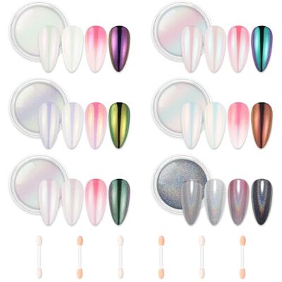 AIMEILI 6 cores acrílicas em pó para unhas, efeito pérola, esmalte cromado pigmento brilho para manicure, decoração arco-íris cromado camaleão concha, com seis cotonetes de algodão AIMEILI 6 cores acrílicas em pó para unhas, efeito pérola, esmalte cromado pigmento brilho para manicure, decoração arco-íris cromado camaleão concha, com seis cotonetes de algodão