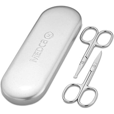MEDca Tesoura de higiene em aço inoxidável: tesoura de sobrancelha, barba e bigode, kit aparador de pelos faciais de ponta pequena, curva e arredondada, cortador de cabelo de nariz para homem e estojo de viagem MEDca Tesoura de higiene em aço inoxidável: tesoura de sobrancelha, barba e bigode, kit aparador de pelos faciais de ponta pequena, curva e arredondada, cortador de cabelo de nariz para homem e estojo de viagem