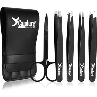 Candure Pinças Depilar profissionais pinça de cabelo de aço inoxidável de ponta para cabelos faciais, espinhas e hastes (preto mate 5 peças) Candure Pinças Depilar profissionais pinça de cabelo de aço inoxidável de ponta para cabelos faciais, espinhas e hastes (preto mate 5 peças)