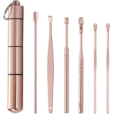 Heveer Colher de ouvido kit de limpeza para ouvidos removedor de cera de ouvido aço inoxidável portátil para adultos ouro rosa 6 peças Heveer Colher de ouvido kit de limpeza para ouvidos removedor de cera de ouvido aço inoxidável portátil para adultos ouro rosa 6 peças