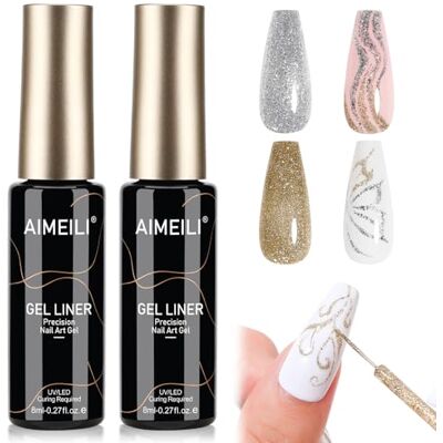 AIMEILI Esmalte gel Nail Art gel Liner Nail Polish ouro e prata pincel ultra fino linhas precisas Art pintado UV/LED secagem rápida, vegan sem crueldade, bricolage casa e salão, 2 x 8 ml Gold and AIMEILI Esmalte gel Nail Art gel Liner Nail Polish ouro e prata pincel ultra fino linhas precisas Art pintado UV/LED secagem rápida, vegan sem crueldade, bricolage casa e salão, 2 x 8 ml Gold and
