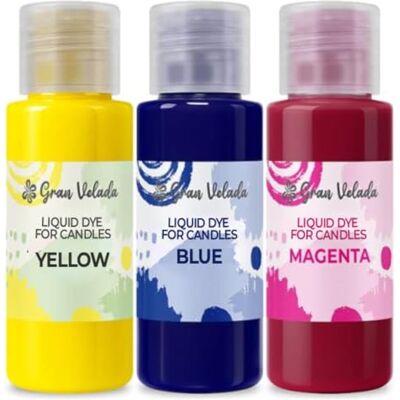 GRAN VELADA Conjunto de poupança de corantes líquidos para velas 3 x 30 ml, cores primárias magenta, azul puro e amarelo limão, concentrados, fáceis de usar e com cores vibrantes para velas caseiras GRAN VELADA Conjunto de poupança de corantes líquidos para velas 3 x 30 ml, cores primárias magenta, azul puro e amarelo limão, concentrados, fáceis de usar e com cores vibrantes para velas caseiras