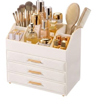 Lolalet Organizador de maquilhagem com 3 gavetas couro PU toucador bege Makeup Organizer guarda maquilhagem, pincéis e skincare, ideal para quarto e rotina diária, presente para seres queridos Lolalet Organizador de maquilhagem com 3 gavetas couro PU toucador bege Makeup Organizer guarda maquilhagem, pincéis e skincare, ideal para quarto e rotina diária, presente para seres queridos