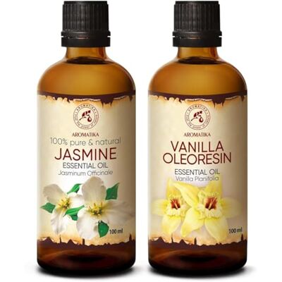 Trust Óleo essencial Conjunto de Oleorresina baunilha e jasmim 2 x 100 ml, baunilha planície, Jasminum Officinale, 100% puro e natural, óleos essenciais para sauna relaxamento difusor aromático Trust Óleo essencial Conjunto de Oleorresina baunilha e jasmim 2 x 100 ml, baunilha planície, Jasminum Officinale, 100% puro e natural, óleos essenciais para sauna relaxamento difusor aromático