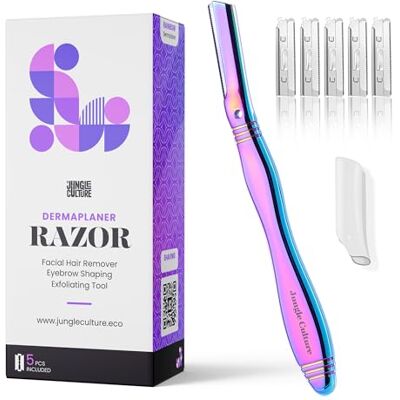 Jungle Culture Dermaplaning Razor máquina de barbear facial de metal para mulher, inclui 5 lâminas de substituição, máquina de barbear de sobrancelhas para pelos e contorno arco-íris Jungle Culture Dermaplaning Razor máquina de barbear facial de metal para mulher, inclui 5 lâminas de substituição, máquina de barbear de sobrancelhas para pelos e contorno arco-íris