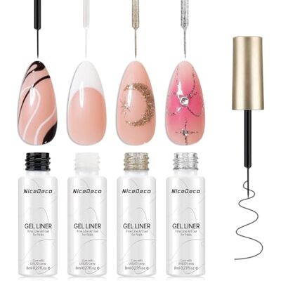 Nicedeco Liner de gel de esmalte Nail Art branco preto metálico ouro e prata linear para unhas Soak Off UV LED gel Polish With Pen ideal para Painting Drawing Lines Salon Home DIY manicure, 4 x 8 ml Nicedeco Liner de gel de esmalte Nail Art branco preto metálico ouro e prata linear para unhas Soak Off UV LED gel Polish With Pen ideal para Painting Drawing Lines Salon Home DIY manicure, 4 x 8 ml