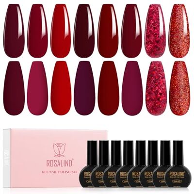 ROSALIND Vernizes semipermanentes para unhas, vermelho, 8 peças, 10 ml, bordô, claro, vermelho, pinta-unhas de gel, UV/LED, para iniciantes, Nail Art, presente ROSALIND Vernizes semipermanentes para unhas, vermelho, 8 peças, 10 ml, bordô, claro, vermelho, pinta-unhas de gel, UV/LED, para iniciantes, Nail Art, presente