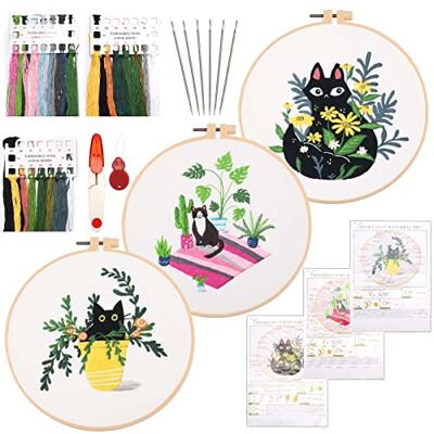 NAEBRO 3 Peças Kit de Bordado para Iniciantes, Kits de Bordado de Ponto de Cruz, Bordar à Mão com Padrão de Gato para Adultos e Crianças, Inclui 3 Telas e Aro de Bordado, Agulhas, 1 Tesoura, Linhas de Cores NAEBRO 3 Peças Kit de Bordado para Iniciantes, Kits de Bordado de Ponto de Cruz, Bordar à Mão com Padrão de Gato para Adultos e Crianças, Inclui 3 Telas e Aro de Bordado, Agulhas, 1 Tesoura, Linhas de Cores