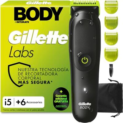 Gillette Labs i5 Body + Intimate máquina de barbear corporal, 6 acessórios Depiladora corporal para homem impermeável com tecnologia Skinfirst, 4 pentes e capa, recarregável, raspagem do corpo e zona Gillette Labs i5 Body + Intimate máquina de barbear corporal, 6 acessórios Depiladora corporal para homem impermeável com tecnologia Skinfirst, 4 pentes e capa, recarregável, raspagem do corpo e zona