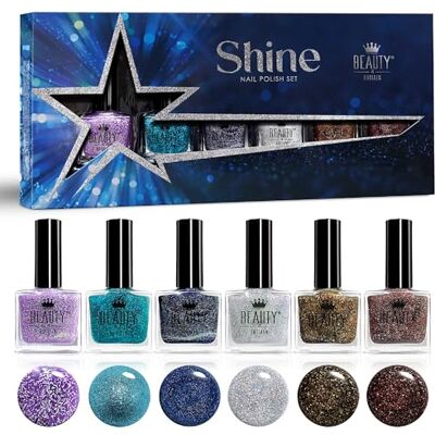Beauty4Britain Conjunto de vernizes de unhas com glitter de Natal, 6 cores festivas e brilhantes de 10 ml, unhas brilhantes para festas, aplicação fácil por Beauty4Britain Conjunto de vernizes de unhas com glitter de Natal, 6 cores festivas e brilhantes de 10 ml, unhas brilhantes para festas, aplicação fácil por