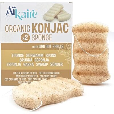 LES PAPOTEUSES Esponja de Konjac orgânica esfoliante com cascas de noz quebrada para o corpo Conjunto de 2 esponjas corporais esponja vegetal de limpeza natural LES PAPOTEUSES Esponja de Konjac orgânica esfoliante com cascas de noz quebrada para o corpo Conjunto de 2 esponjas corporais esponja vegetal de limpeza natural