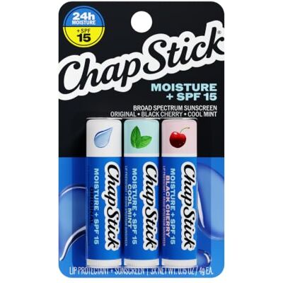 ChapStick Hidratante labial (original, sabor de menta fresca e cereja preta, 4 g) e protetor de pele para bálsamo labial tubo, protetor solar, SPF 15 (3 varetas) ChapStick Hidratante labial (original, sabor de menta fresca e cereja preta, 4 g) e protetor de pele para bálsamo labial tubo, protetor solar, SPF 15 (3 varetas)