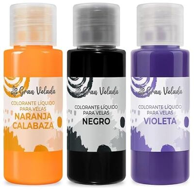 GRAN VELADA Corantes de Halloween para velas pack poupança 3 x 30 ml Corantes líquidos roxo, laranja abóbora e preto alta concentração não obstrui o pavio GRAN VELADA Corantes de Halloween para velas pack poupança 3 x 30 ml Corantes líquidos roxo, laranja abóbora e preto alta concentração não obstrui o pavio