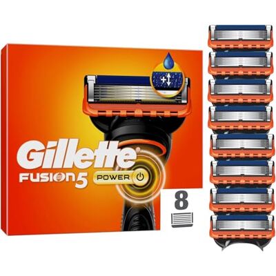 Gillette Fusion5 Power Lâminas de barbear, 8 lâminas de substituição originais para homem, com tira lubrificante maior para um deslizamento suave e 5 lâminas para um barbear incrivelmente Gillette Fusion5 Power Lâminas de barbear, 8 lâminas de substituição originais para homem, com tira lubrificante maior para um deslizamento suave e 5 lâminas para um barbear incrivelmente
