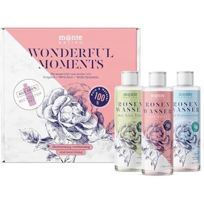 Monte Nativo Água de rosas de Conjunto de presente para mulher (3 x 200 ml) Água de rosas original, com aloé vera, com ácido hialurónico 100 % cosmética natural para cuidados com a pele cuidado facial Monte Nativo Água de rosas de Conjunto de presente para mulher (3 x 200 ml) Água de rosas original, com aloé vera, com ácido hialurónico 100 % cosmética natural para cuidados com a pele cuidado facial