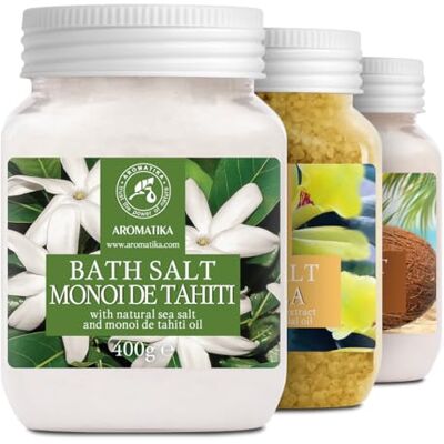 Trust Sais de banho conjunto 3 x 400 g com óleo 100% natural de Monoi de Tahiti baunilha de coco Melhor para bom sono alívio do stress casa de banho cuidado corporal bem-estar relaxamento spa Trust Sais de banho conjunto 3 x 400 g com óleo 100% natural de Monoi de Tahiti baunilha de coco Melhor para bom sono alívio do stress casa de banho cuidado corporal bem-estar relaxamento spa