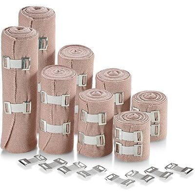 MEDca Bandagem elástica de compressão: rolo de ligaduras de primeiros socorros mede 2", 3", 4", 6" x 5 pés com 4 ganchos adicionais, faixas elásticas desportivas atléticas para entorse no tornozelo MEDca Bandagem elástica de compressão: rolo de ligaduras de primeiros socorros mede 2", 3", 4", 6" x 5 pés com 4 ganchos adicionais, faixas elásticas desportivas atléticas para entorse no tornozelo