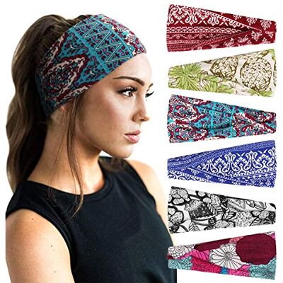 DRESHOW 6 peças diadema para mulher boêmia, diadema elástica, faixa de cabelo, turbante, acessório de cabelo para mulher e meninas DRESHOW 6 peças diadema para mulher boêmia, diadema elástica, faixa de cabelo, turbante, acessório de cabelo para mulher e meninas