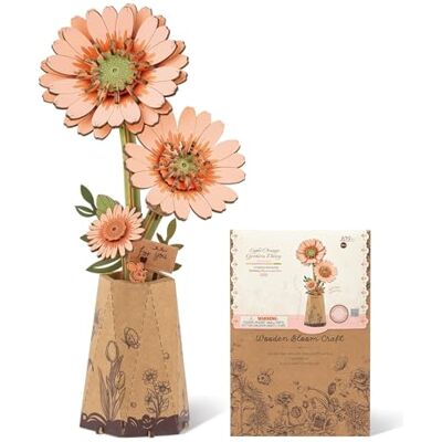 ROBOTIME Puzzle de flores de madeira 3D de cor laranja claro, gerbera de cor laranja claro, kit de construção para adultos, montar, flores artificiais eternas, kit de artesanato, San ROBOTIME Puzzle de flores de madeira 3D de cor laranja claro, gerbera de cor laranja claro, kit de construção para adultos, montar, flores artificiais eternas, kit de artesanato, San