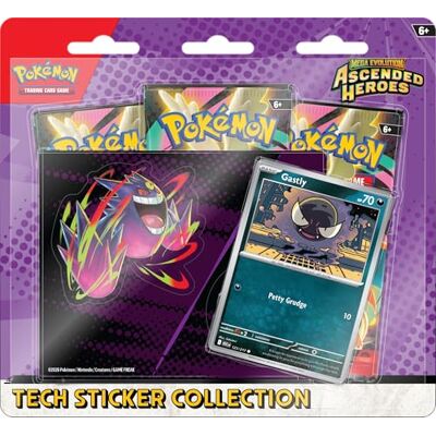 Pokémon TCG: Mega Evolution coleção de decalques tecnológicos de heróis ascendidos Gastly (1 cartão promocional de alumínio e 3 pacotes de reforço) Pokémon TCG: Mega Evolution coleção de decalques tecnológicos de heróis ascendidos Gastly (1 cartão promocional de alumínio e 3 pacotes de reforço)