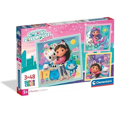 Clementoni Gabby's Dollhouse Super Color conjunto de 3 puzzles de 48 peças para crianças, idade 4+, imagens de The Movie, materiais sustentáveis, 32 x 22 cm Clementoni Gabby's Dollhouse Super Color conjunto de 3 puzzles de 48 peças para crianças, idade 4+, imagens de The Movie, materiais sustentáveis, 32 x 22 cm