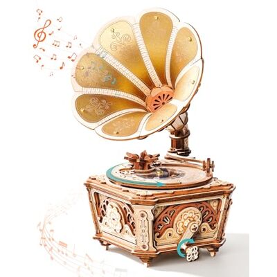 ROBOTIME Quebra-cabeças 3D de madeira com caixa de música de gramofone de bricolage para adultos, kit de modelo mecânico vintage com movimento alimentado por engrenagens, caixa de música de manivela ROBOTIME Quebra-cabeças 3D de madeira com caixa de música de gramofone de bricolage para adultos, kit de modelo mecânico vintage com movimento alimentado por engrenagens, caixa de música de manivela