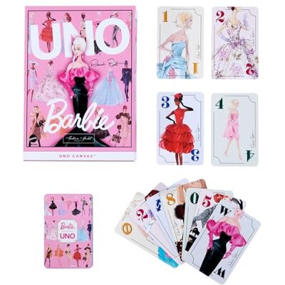 UNO Barbie Fashion Model Collection jogo de cartas (edição limitada de 65º aniversário, 112 cartões, caixa rosa, a partir de 7 anos), UNO Barbie Fashion Model Collection jogo de cartas (edição limitada de 65º aniversário, 112 cartões, caixa rosa, a partir de 7 anos),