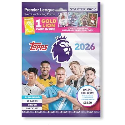 Topps Premier League 2026 Debut Edition Starter Pack (exclusivo online). Inclui 30 cartões, um cartão de leão dourado e um cartão de inserção aleatória (Pro-Precision, Beast) Topps Premier League 2026 Debut Edition Starter Pack (exclusivo online). Inclui 30 cartões, um cartão de leão dourado e um cartão de inserção aleatória (Pro-Precision, Beast)