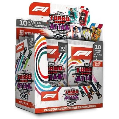 Topps Turbo Attax Formula 1 2024 Full Box contém 24 pacotes Turbo Attax (240 cartões). Topps Turbo Attax Formula 1 2024 Full Box contém 24 pacotes Turbo Attax (240 cartões).