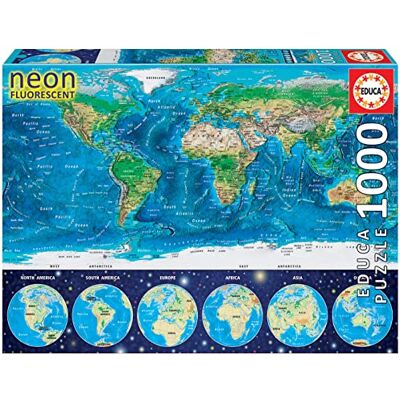 Educa Puzzle de 1000 peças para adultos, série néon fluorescente, mapa-múndi físico, brilha no escuro () Educa Puzzle de 1000 peças para adultos, série néon fluorescente, mapa-múndi físico, brilha no escuro ()