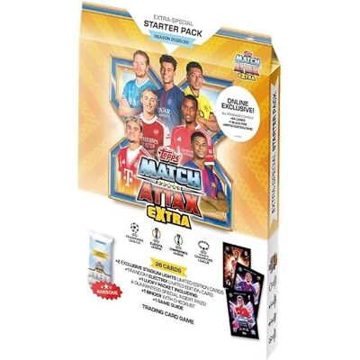 Topps UCC Match Attax Extra 2026 Pacote inicial versão exclusiva online. Contém 50 cartas mais 2 luzes de estádio LE's, 1 Electrix LE aleatório, 1 cartão Black Fire LE mais um pacote da Topps UCC Match Attax Extra 2026 Pacote inicial versão exclusiva online. Contém 50 cartas mais 2 luzes de estádio LE's, 1 Electrix LE aleatório, 1 cartão Black Fire LE mais um pacote da