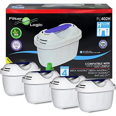 Filterlogic FL402H Pacote de 4 cartucho filtro compatível com Brita Maxtra filtro de água para jarro fill&enjoy Marella XL Fun Flow Elemaris Filterlogic FL402H Pacote de 4 cartucho filtro compatível com Brita Maxtra filtro de água para jarro fill&enjoy Marella XL Fun Flow Elemaris