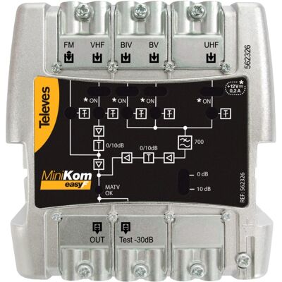 Amplificador MiniKom 5E/1S "EasyF" FM-VHF-UHF 21..38 - 42..48/60 - TELEVES 562326 Amplificador MiniKom 5E/1S "EasyF" FM-VHF-UHF 21..38 - 42..48/60 - TELEVES 562326
