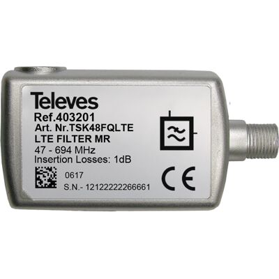 Filtro LTE/5G MR (Medium Rejection) c/ Passagem DC 47...694MHz (C.48) Conector "F" - TELEVES 403201 Filtro LTE/5G MR (Medium Rejection) c/ Passagem DC 47...694MHz (C.48) Conector "F" - TELEVES 403201