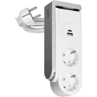 Extensão Dupla + USB-A + USB-C c/ Clip Fixação à Mesa 1,4 mts (Branco) - ORNO Extensão Dupla + USB-A + USB-C c/ Clip Fixação à Mesa 1,4 mts (Branco) - ORNO