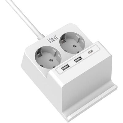Extensão Protectora Dupla 36800W c/ 2x USB e 1x USB-C + Carreg. Indução c/ Suporte (2 mts) - WELL Extensão Protectora Dupla 36800W c/ 2x USB e 1x USB-C + Carreg. Indução c/ Suporte (2 mts) - WELL