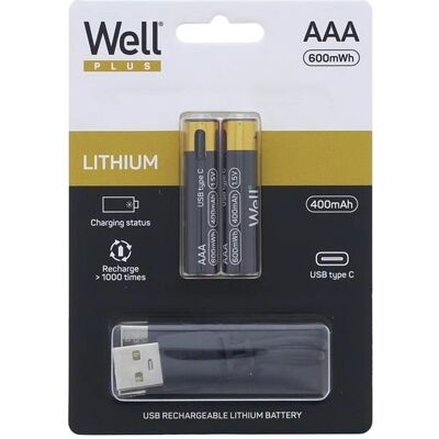 Blister 2x Pilhas Lithium AAA (R3) 600mWh c/ Carregamento USB-C - WELL Blister 2x Pilhas Lithium AAA (R3) 600mWh c/ Carregamento USB-C - WELL