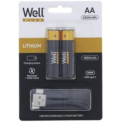Blister 2x Pilhas AA (R6) 1.5V 2500mWh c/ Carregamento USB-C - WELL Blister 2x Pilhas AA (R6) 1.5V 2500mWh c/ Carregamento USB-C - WELL