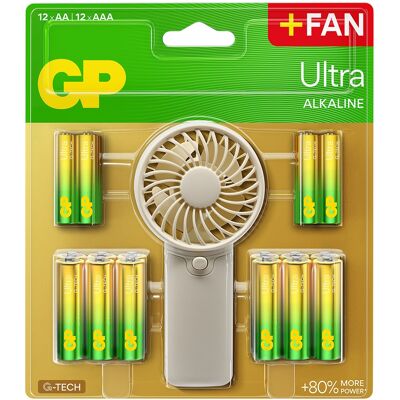 Pack 12x Pilhas Alcalinas LR03 AAA + 12x Pilhas Alcalinas LR06 AA c/ Oferta Ventoinha de Mão - GP Pack 12x Pilhas Alcalinas LR03 AAA + 12x Pilhas Alcalinas LR06 AA c/ Oferta Ventoinha de Mão - GP