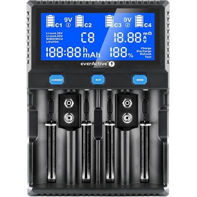 Carregador de Pilhas Ni-MH / Li-ion / Li-FePO4 AA/AAA/R14/C/SC/R20/9V/... com LCD - everActive Carregador de Pilhas Ni-MH / Li-ion / Li-FePO4 AA/AAA/R14/C/SC/R20/9V/... com LCD - everActive