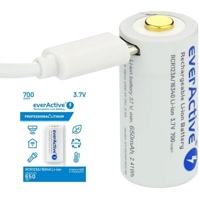 Pilha Lithium 16340 (CR123) 3,7V 650mAh Recarregável p/ microUSB c/ LED de Estado - everActive Pilha Lithium 16340 (CR123) 3,7V 650mAh Recarregável p/ microUSB c/ LED de Estado - everActive