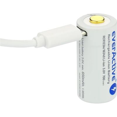 Pilha Lithium 16340 (CR123) 3V 700mAh Recarregável p/ microUSB c/ LED de Estado - everActive Pilha Lithium 16340 (CR123) 3V 700mAh Recarregável p/ microUSB c/ LED de Estado - everActive